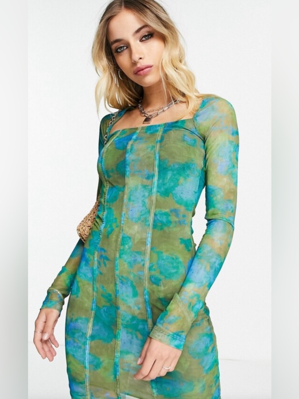 Topshop Blue & Green Sheer Mesh Long Sleeve Mini Dress